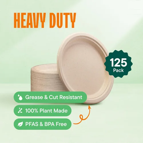 Miniatura 2 de Stack Man - Platos de papel 100% compostables (125 unidades) de 7 pulgadas, placa de bagazo desechable natural, ecológica, hecha de fibras de caña