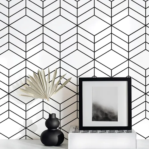 Papel tapiz geométrico hexagonal para despegar y pegar, papel de contacto geométrico para gabinetes, papel tapiz blanco y negro para baño,