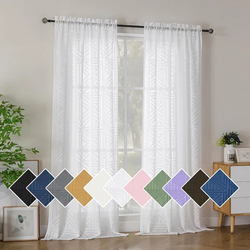 Miniatura 93 de Simplebrand Cortinas traslúcidas negras de cocina de 24 pulgadas de largo, 2 paneles, filtrado de luz, geométrico jacquard con textura, cortinas