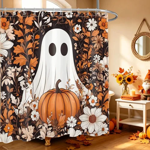 Miniatura 29 de HVEST Cortina de ducha de Halloween, linterna de calabaza y gnomo, cortina de ducha de baño, cortina de ducha de murciélago y araña, decorativa