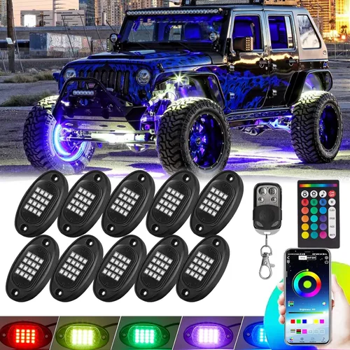 10 vainas RGB LED Rock Lights para camión, ATV, UTV, carrito de golf, todoterreno, RZR Pickup SUV, kit impermeable multicolor para autos con modo de