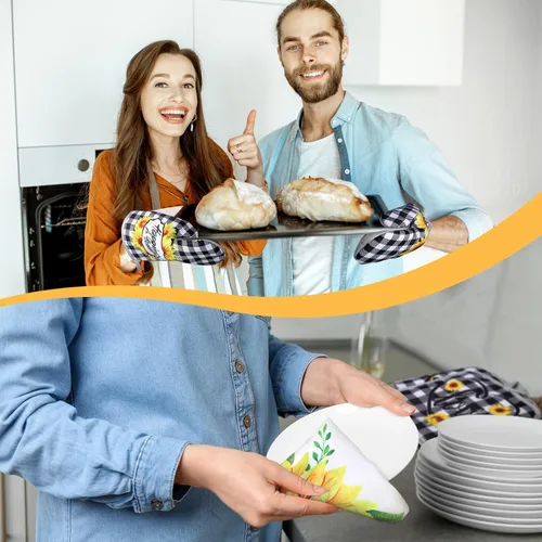Miniatura 4 de Leinuosen Juego de 6 toallas de cocina con girasoles a cuadros, decoración y accesorios, juego de guantes de horno y soportes para macetas, paños