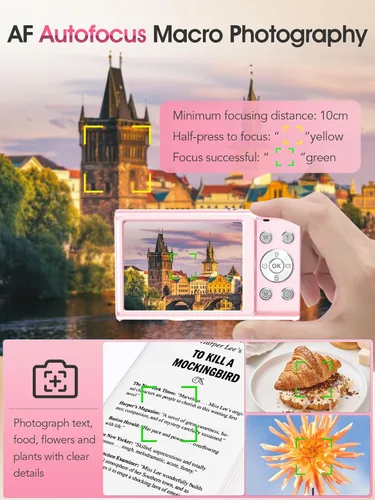 Miniatura 5 de Cámara digital, cámara de videoblogs 4K con enfoque automático para fotografía con tarjeta de 32 GB, cámara digital compacta portátil de 48 Rosa