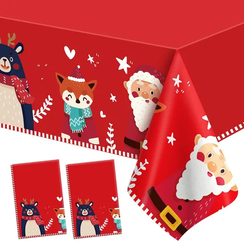 Miniatura 10 de Mantel de Navidad, 2 piezas de mantel desechable de plástico rojo, mantel de 54 x 108 pulgadas para decoraciones de Navidad, mantel de árbol
