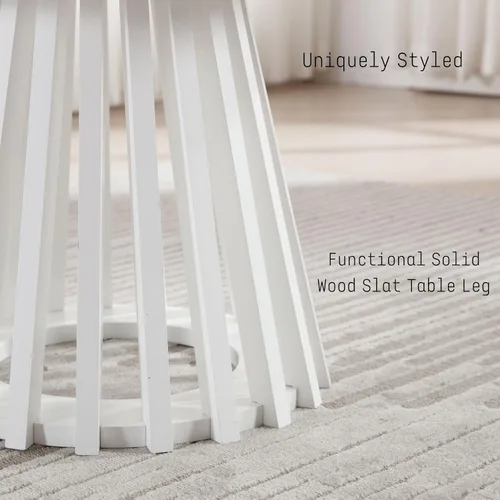 Miniatura 5 de DUOMAY Mesa de centro redonda moderna con base geométrica única, elegante mesa de madera blanca para sala de estar, oficina, salón, color blanco