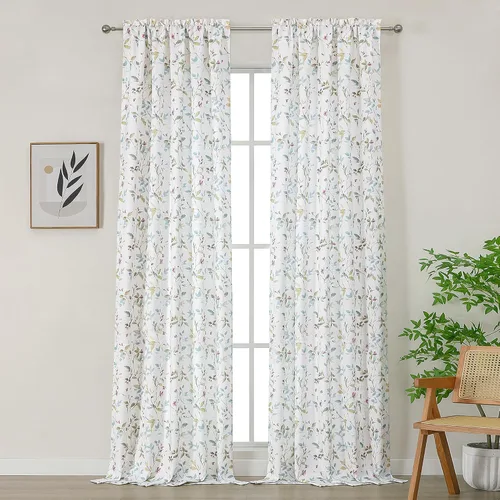 Miniatura 23 de Chyhomenyc Cortinas de mezcla de lino de 63 pulgadas de largo, 2 paneles de cortina con estampado floral filtrante de luz para sala de estar