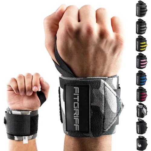 Miniatura 11 de Fitgriff® Muñequeras para levantamiento de pesas (18 pulgadas), soporte resistente para gimnasio, prensa de banco y flexiones (1 par) - para hombres