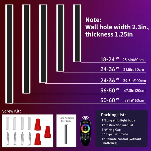Miniatura 50 de Luz de pared exterior moderna de 47 pulgadas, accesorios de iluminación exterior de acrílico negro de 3000K, montaje en pared, luces de porche