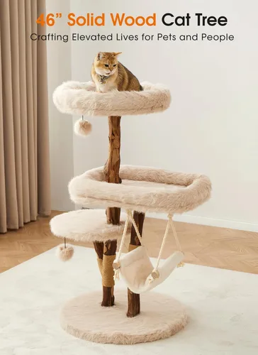 Miniatura 2 de Letkind Moderna torre de árbol para gatos grandes de interior, perches-torre de madera maciza natural para gatos con poste rascador de sisal