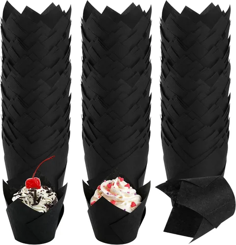 Ruisita 150 Piezas Tazas Mini para Hornear Tazas de Tulipán para Cupcakes Forros para Magdalenas para Bodas, Cumpleaños, Baby Showers, Negro | Tulip