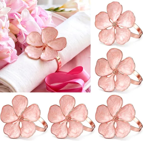 Miniatura 7 de Patelai Juego de 6 servilleteros de flores azules a granel, juego de servilleteros de tela dorada con hebillas florales, decoración de mesa