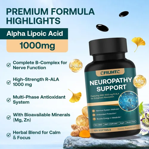 Miniatura 6 de Suplemento nervioso de apoyo a la neuropatía - Suplemento avanzado de ácido R-alfa lipoico con benfotiamina, NAC y complejo B para la salud