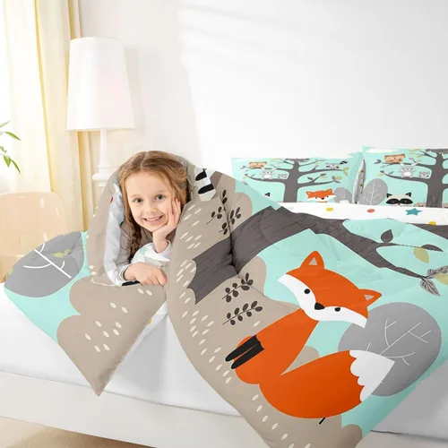 Miniatura 7 de Juego de ropa de cama de animales lindos para niños y niñas, guardería, caricaturas, mapache, búho, zorro, juego de edredón para todas