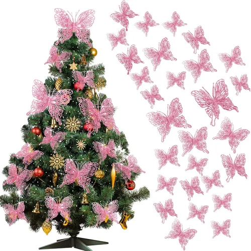 Miniatura 9 de Charniol 36 piezas de 3 tamaños para árbol de Navidad, decoraciones de mariposa hueca con purpurina, adornos colgantes con clips para manualidades