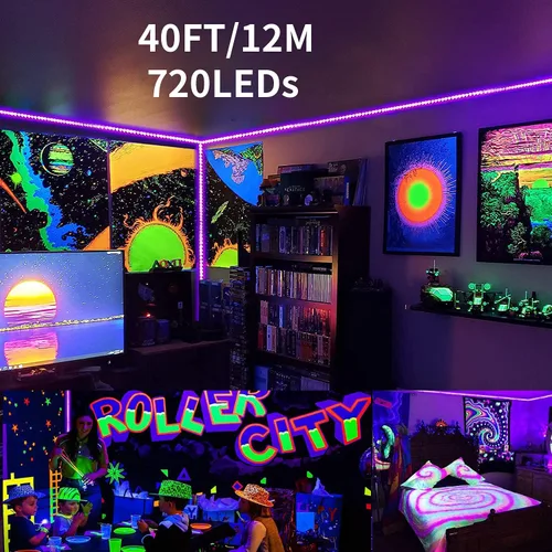 Miniatura 3 de YQNLIFA Tira de luz negra de 40 pies, luz negra flexible y adhesiva, 720 LED, luz negra para Halloween, fiesta de neón, cumpleaños, exhibición
