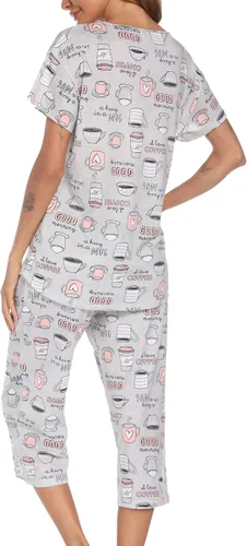 Miniatura 5 de ENJOYNIGHT Conjunto de pijama de algodón para mujer, parte superior de manga corta y pantalones capri, ropa de dormir de 2 piezas