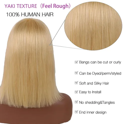 Miniatura 4 de Peluca de cabello humano lacio rubio 613 de 15 pulgadas con flequillo, sin pegamento, sin encaje frontal, Yaki Bob para mujer