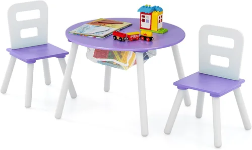 Miniatura 10 de Costzon Juego de mesa y silla para niños, mesa de actividades de madera con almacenamiento de malla central, muebles para niños y niñas, ideal