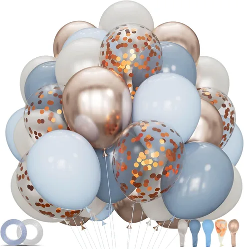 Miniatura 11 de Kit de 68 globos azules y blancos de 12 pulgadas, globos de confeti azul con azul claro, azul bebé y perla blanca con cintas para cumpleaños, bodas