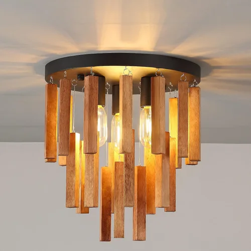 Miniatura 10 de Lámparas de techo semiempotradas de 3 luces, lámpara de madera bohemia, lámpara de techo de roble y negro con E26 para cocina, sala de estar