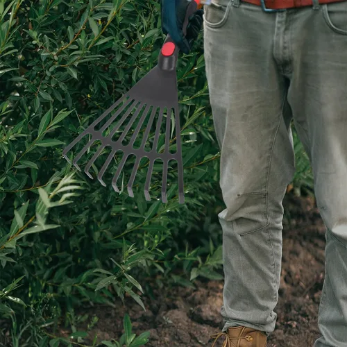Miniatura 4 de Rastrillo de hojas de plástico con mango corto, rastrillo de jardín para césped, césped, camas de flores y hojas de limpieza