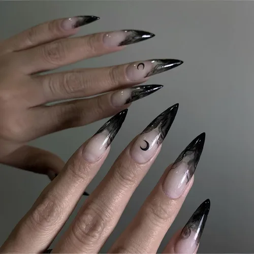 Miniatura 10 de Uñas postizas largas a presión estilo stiletto, uñas postizas francesas degradadas blancas, uñas postizas brillantes de cobertura completa