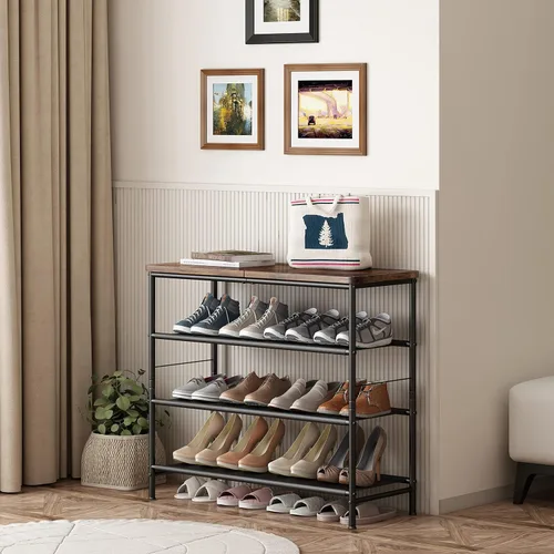 Miniatura 5 de INGIORDAR Organizador de zapatero de 4 niveles, estante organizador de metal con tablero MDF industrial y tela en capas para entrada, armario, Negro