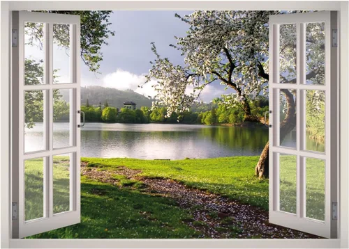 Vinilo adhesivo de pared 3D con diseño de flores y paisaje y ventana de jardín, removible, vinilo para decoración del hogar, West Mountain W43