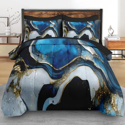Miniatura 3 de Pamnest Juego de edredón tamaño Twin, juego de ropa de cama de mármol azul profundo de 5 piezas para niños y adultos, juegos de sábanas de piedra