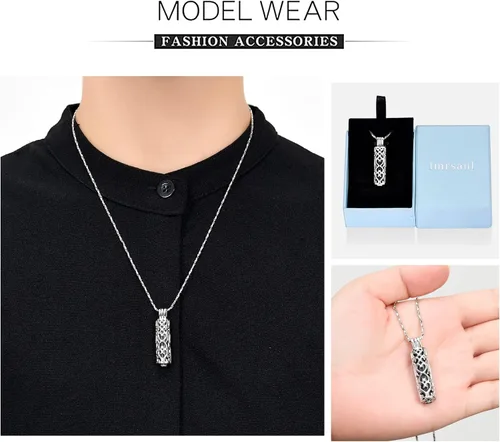 Miniatura 30 de Imrsanl Collar con colgante de urna de cremación con vial de cilindro hueco, urna de recuerdo, joyería de cremación, medallones conmemorativos