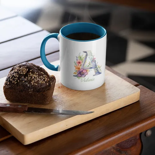 Miniatura 3 de Taza de café personalizada de la letra A del alfabeto, Taza de café blanca con nombre personalizado único, Taza inicial de monograma floral