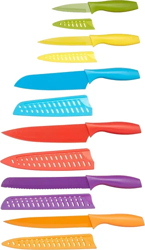 Amazon Basics - Juego de cuchillos de cocina de 12 piezas codificados por colores y aptos para lavavajillas, 6 cuchillos con 6 protectores de