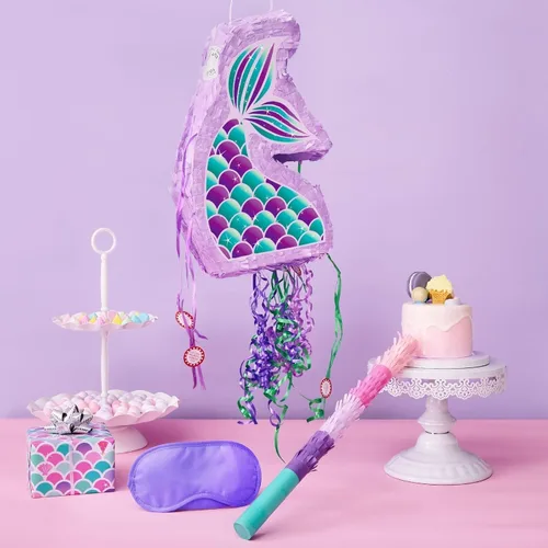 Miniatura 5 de WERNNSAI - Piñata de sirena plegable, piñata de cumpleaños con flecos que incluye cuerda para jalar, venda y bate. Decoraciones