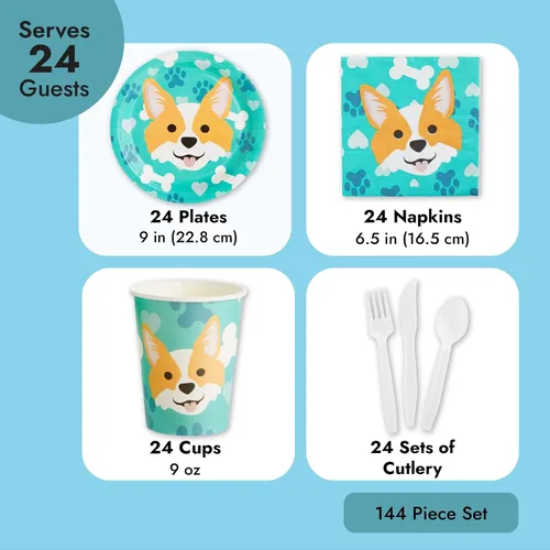 Miniatura 4 de 144 piezas Corgi suministros para fiestas, decoraciones de cumpleaños de perro con platos de papel, servilletas, tazas y cubiertos (sirve 24)