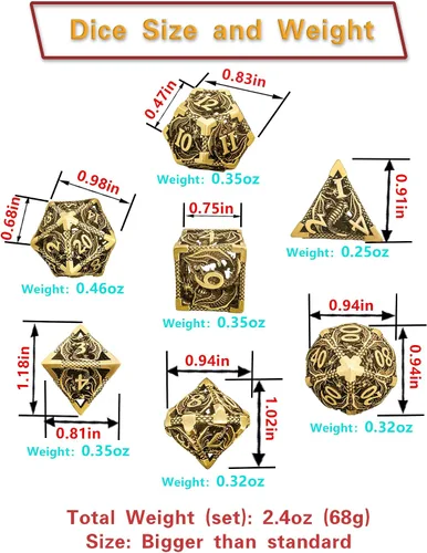 Miniatura 6 de Juego de dados de metal DND Dungeons and Dragon, juego de dados huecos poliédricos de dragón mágico de 7 piezas con caja de metal de regalo