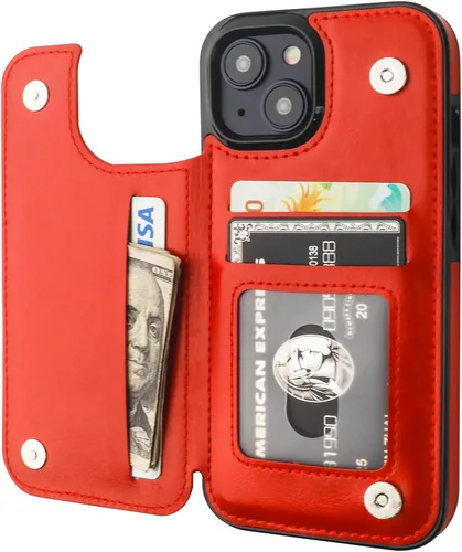 Miniatura 10 de ONETOP - Funda tipo cartera compatible con iPhone 15 con soporte para tarjetas, funda de piel sintética con ranuras para tarjetas, doble cierre Azul