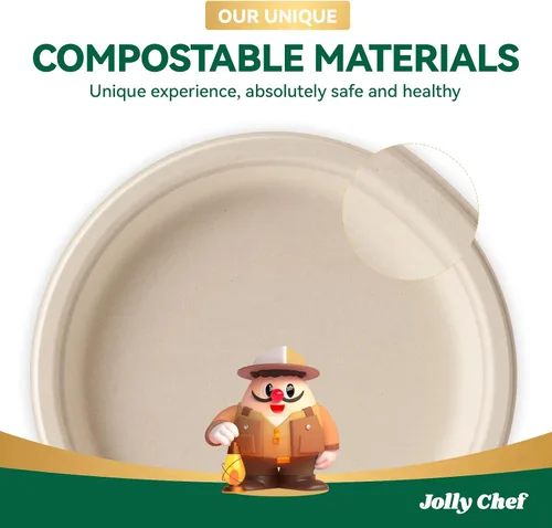 Miniatura 7 de JOLLY CHEF Platos compostables resistentes de 10 pulgadas [Paquete de 300] Platos de papel desechables ecológicos hechos de bagazo biodegradables a