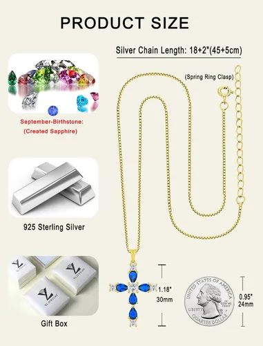 Miniatura 46 de YL Collar de cruz de plata de ley 925 con colgante de piedra natal religiosa para mujer