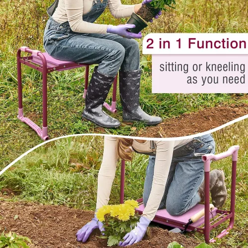 Miniatura 4 de Colwelt Taburete de jardín con marco de acero resistente y resistente, asiento de jardín y banco de rodillas con bolsa de herramientas, almohadilla