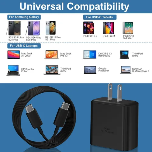 Miniatura 5 de Cargador USB C súper rápido Samsung de 45 W, bloque de cargador USB C de 45 W con cable de carga rápida de teléfono Android de 12 pies para Samsung