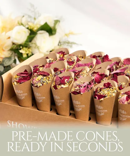 Miniatura 4 de Flora & Bloom Confeti biodegradable con conos preconstruidos Flores secas (6 litros) Kit de confeti de boda Conos abiertos y bandeja Jazmín