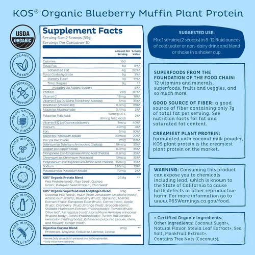 Miniatura 9 de KOS Proteína en polvo a base de plantas, muffin de arándano - Superalimento de proteína de guisantes orgánico con mezcla de espirulina y apoyo