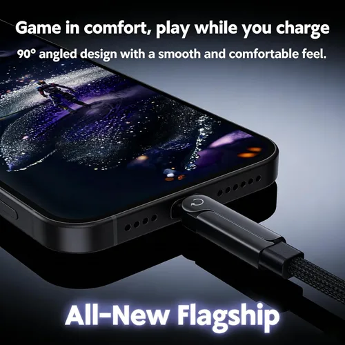 Miniatura 5 de Cable de carga rápida trenzado de 240 W con soporte para teléfono integrado, cable USB-C plegable duradero de 90 grados, cable USB C de ángulo