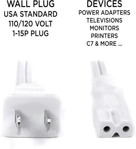 Miniatura 8 de THE CIMPLE CO Cable de alimentación polarizado blanco de 2 clavijas de 3 pies – Cable de alimentación de CA con enchufe cuadrado/redondo