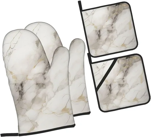 Miniatura 22 de Manoplas de horno y soportes para ollas, arte de mármol blanco y dorado, juego de 4 guantes de cocina resistentes al calor, antideslizantes