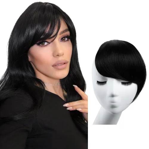 Miniatura 19 de SARLA Flequillo lateral negro marrón con clip en piezas de cabello sintético, extensión de flequillo recto para mujeres