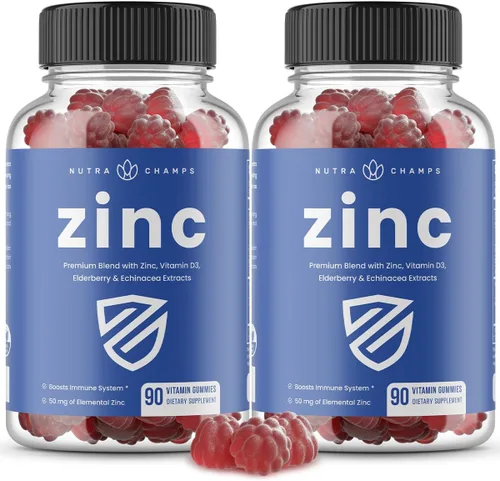 NutraChamps Gomitas de zinc 4 en 1, 50 mg de suplemento de zinc masticable con vitamina D3 2000 UI, saúco y equinácea, apoyo inmunológico, cardíaco