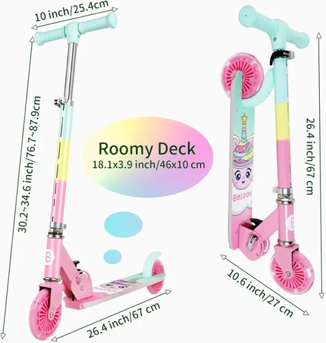 Miniatura 7 de BELEEV V2 - Scooter para niños con ruedas y tallo y plataforma iluminados, scooter plegable de 2 ruedas para niñas y niños, 3 alturas ajustables