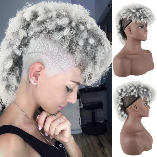 Miniatura 6 de KRSI Cola de caballo de pelo alto afro con flequillo, moño sintético rizado Mohawk Kinkys rizado cola de caballo con clip en colas de caballo