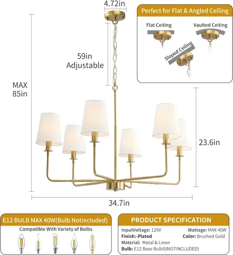 Miniatura 3 de Candelabro clásico de 6 luces con acabado dorado cepillado y pantallas de lino, base E12, lámpara rústica de techo para isla de cocina, comedor